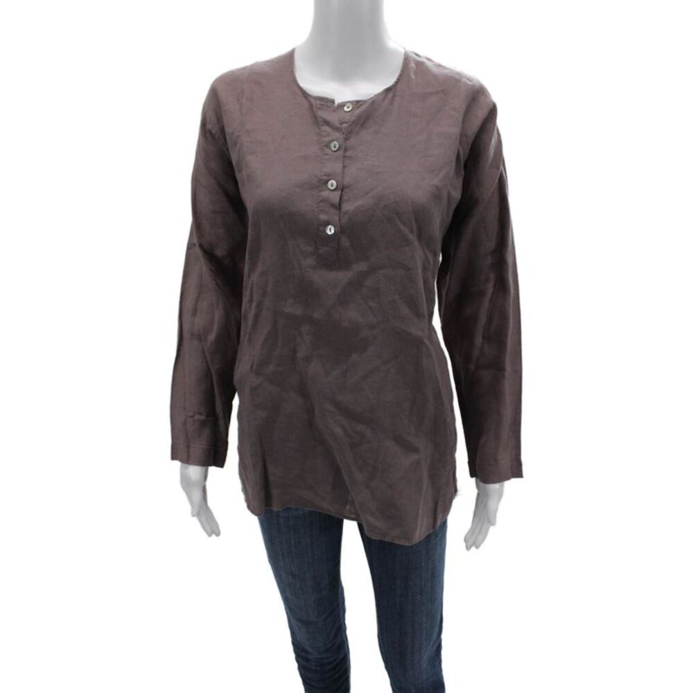 Hanna G. Womens Brown Silk Boho Tunic Button Up Long Sleeve Size S